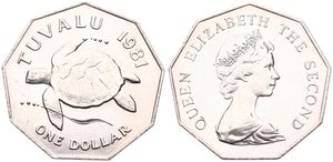 Tuvalu, Constitutional Monarchy within the Commonwealth, Elizabeth II, 1 Dollar Copper-Nickel 1981, Sea Turtle, KM 7, UNC