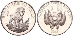 Niger, Republic, 10 Francs Silver 1968, African Lion facing / Flagged arms, KM 8.1, PROOF