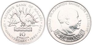 Malawi, Republic, 10 Kwacha Silver ND (1975), 10th Anniversary of the Reserve Bank, KM 14, UNC