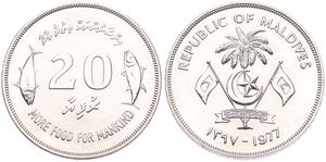 Maldive Islands, Republic, 20 Rufiyaa Silver AH1397-1977, F.A.O. - Value flanked by two fish, KM 56, B.UNC