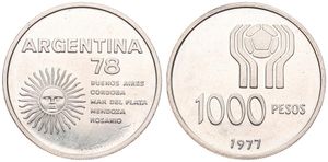 Argentina, Republic, 1000 Pesos Silver 1977, World Championship Soccer, KM 78 KEY DATE, UNC