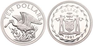 Belize, Commonwealth, 10 Dollars Silver 1981, Roseate Spoonbill left, KM 65a, PROOF