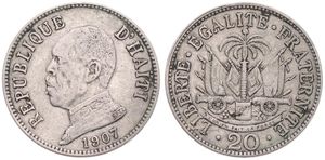 Haiti, Republic, 20 Centimes Copper-Nickel 1907, Head of President Pierre Nord Alexis left, KM 55, VF