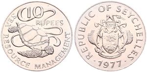 Seychelles, Republic, 10 Rupees Copper-Nickel 1977, F.A.O. - Green Sea Turtle, KM 37, UNC 