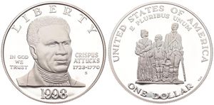 United States of America, Republic, 1 Dollar Silver 1998S, Black Revolutionary War Patriots, KM 288, PROOF