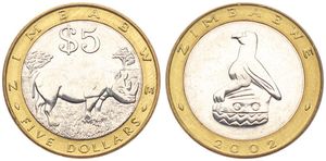 Zimbabwe, Republic, 5 Dollars Bi-Metallic 2002, Rhinoceros standing right, KM 13, UNC