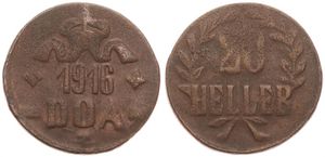 German East Africa, Colony, Wilhelm II, 20 Heller Copper 1916T, Crown with ribbon above date, KM 15, VF 