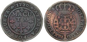 Angola, Portuguese Colony, Joseph I, 1/4 Macuta Copper 1770, Denomination within beaded circle, KM 10, F/VF
