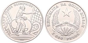 Guinea-Bissau, Republic, 2000 Pesos Nickel Plated Steel 1991, Olympics - Handball Player, KM 28, UNC