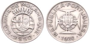 Mozambique, Portuguese Colony, 2-1/2 Escudos Silver 1938, National arms within crowned globe, KM 68, XF