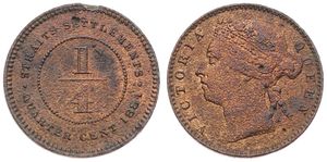 Straits Settlements, British Colony, Victoria, 1/4 Cent Bronze 1884, Crowned bust left, KM 7a, Fine (edgenick)