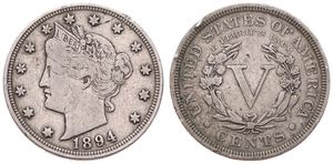 United States of America, Republic, 5 Cents Copper-Nickel 1894, Liberty nickel, KM 112, A.VF 