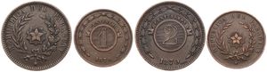 Paraguay, Republic, 1 & 2 Centesimos Copper 1870, Radiant star within wreath - SHAW to right of date, KM 2/3, XF
