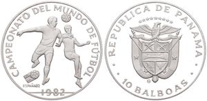 Panama, Republic, 10 Balboas Silver 1982, World Championship Soccer - Two soccer players, KM 78, PROOF
