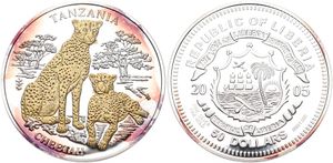 Liberia, Republic, 50 Dollars Silver 2005, Two 24Kt Gold Plated Cheetahs - both with diamonds inset in eyes, KM 776, BIG SIZE COIN !, PROOF 