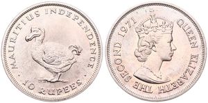 Mauritius, Commonwealth, Elizabeth II, 10 Rupees Copper-Nickel 1971, Independence - Dodo bird left, KM 38, UNC