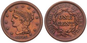 United States of America, Republic, 1 Cent Copper 1846, Braided hair cent, KM 67, XF