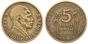 Guinea, Republic, 5 Francs Aluminum-Bronze 1959, Head of Ahmed Sekou Toure right, KM 1, VF