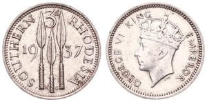 Southern Rhodesia, British Colony, George VI, 3 Pence Silver 1937, Crowned head left, KM 9, XF