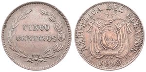 Ecuador, Republic, 5 Centavos Copper-Nickel 1909H, Flag draped arms, KM 60.1, XF