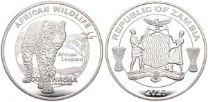 Zambia, Republic, 5000 Kwacha Silver Plated 2016, Wildlife - Leopard, KM New, PROOF