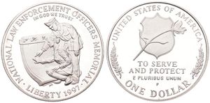 United States of America, Republic, 1 Dollar Silver 1997P, National Law Enforcement Officers Memorial, KM 281, RARE, PROOF