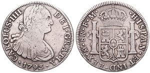 Mexico, Spanish Colony, Charles IV, 8 Reales Silver 1793FM, Armored bust right / Crowned arms flanked by pillars, KM 109, Fine (slightly cleaned)