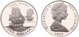 New Zealand, British Dependency, Elizabeth II, 1 Dollar Copper-Nickel 1970, Cook Islands / James Cook and Sailing Ship, KM 43, PROOF !