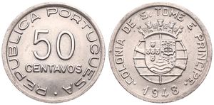Saint Thomas & Prince, Portuguese Colony, 50 Centavos Nickel-Bronze 1948, National arms, KM 8, SCARCE, UNC