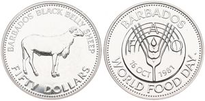 Barbados, Commonwealth, 50 Dollars Silver 1981, F.A.O. - Black Belly Sheep right, KM 32, B.UNC