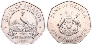 Uganda, Republic, 5 Shillings Copper-Nickel 1972, East African Crowned Crane within circular sprig, KM 18, RARE !, A.UNC