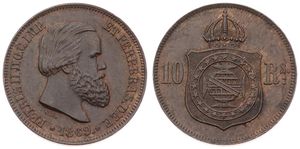 Brazil, Empire, Pedro II, 10 Reis Bronze 1869, Bearded bust right, KM 473, XF