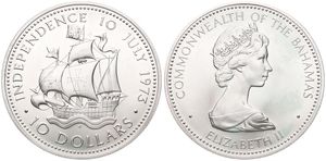 Bahamas, Commonwealth, Elizabeth II, 10 Dollars Silver 1973, Independence Day - Sailing Ship Santa Maria with full sails, KM 42, UNC
