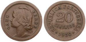 Cape Verde, Portuguese Colony, 20 Centavos Bronze 1930, Liberty head left, KM 3, XF