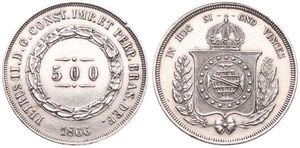Brazil, Empire, Pedro II, 500 Reis Silver 1866, Crowned arms above wreath, KM 464, XF