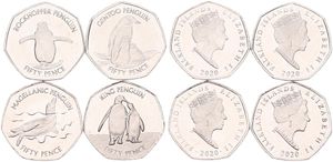 Falkland Islands, British Colony, Elizabeth II, Nice set with 4 x 50 Pence Copper-Nickel 2020, Different kinds of Penguins, UNC