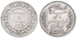 Tunisia, French Protectorate, Muhammad al-Nasir Bey, 1 Franc Silver AH1334-1916, Inscription within sprigs, KM 238, VF