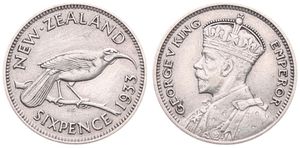 New Zealand, British Dependency, George V, 6 Pence Silver 1933, Huia bird on branch, KM 2, XF