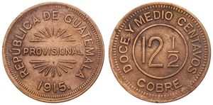 Guatemala, Republic, Provisional Coinage, 12-1/2 Centavos Copper 1915, Word at center divides flower, KM 230, VF