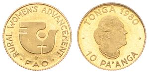 Tonga, Kingdom, Taufa'ahau Tupou IV, 10 Pa'anga Gold 1980, F.A.O. - Rural Women's Advancement, KM 64, B.UNC (*)