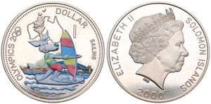 Solomon Islands, Commonwealth Nation, 1 Dollar Copper-Nickel 2000, Olympics - Multicolor sail boarding Kangaroo, KM 66, PROOF