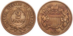 United States of America, Republic, 2 Cents Copper-Tin-Zinc 1868, Shield within sprigs, KM 94, VF (slightly cleaned)