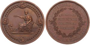 United States of America, Republic, Medal in Bronze 1876 by H. Mitchell, International Centennial Exhibition in Philadelphia, Seated figure with American shield, RARE, XF (some edgenicks)