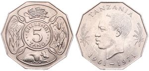 Tanzania, Republic, 5 Shilingi Copper-Nickel ND (1971), F.A.O. - 10th Anniversary of Independence, KM 5, UNC