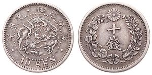 Japan, Empire, Mutsuhito, 10 Sen Silver Yr.6 (1873), Dragon within beaded circle, KM 23, RARE TYPE II, VF