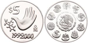 Mexico, Estados Unidos, 5 Pesos Silver 1999-2000, Millennium - Stylized dove as hand of peace, KM 631, PROOF