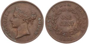Straits Settlements, East India Company, Victoria, 1 Cent Copper 1845, Crowned head left, KM 3, VF+