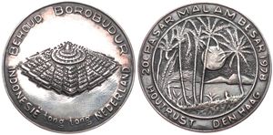 Netherlands East Indies, Medal in Silver 1978, 20th Pasar Malam Besar Houtrust Den Haag / Behoud Borobudur Indonesia tong tong Nederland, RARE, (edge inscription), XF