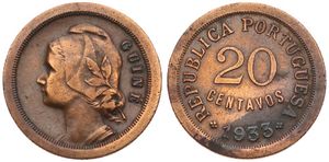 Guinea-Bissau, Portuguese Colony, 20 Centavos Bronze 1933, Liberty head left, KM 3, VF
