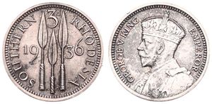 Southern Rhodesia, British Colony, George V, 3 Pence Silver 1936, Crowned bust left, KM 1, XF/AU